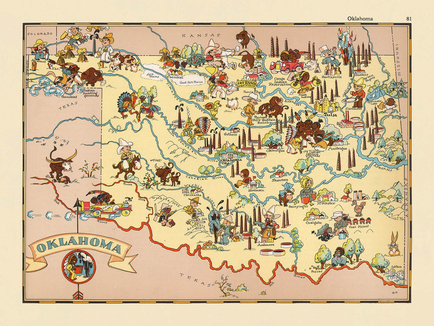 Pictorial Map of Oklahoma by Ruth Taylor White, 1935: Oklahoma City, Tulsa, Oil Fields, Native American Motifs, Dust Bowl Era