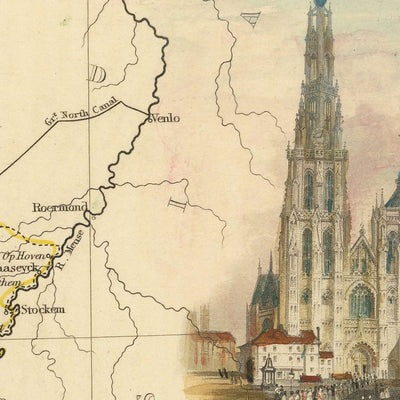 Old Map of Belgium by Tallis, 1851: Brussels, Antwerp, Ghent, Waterloo, Antwerp Cathedral