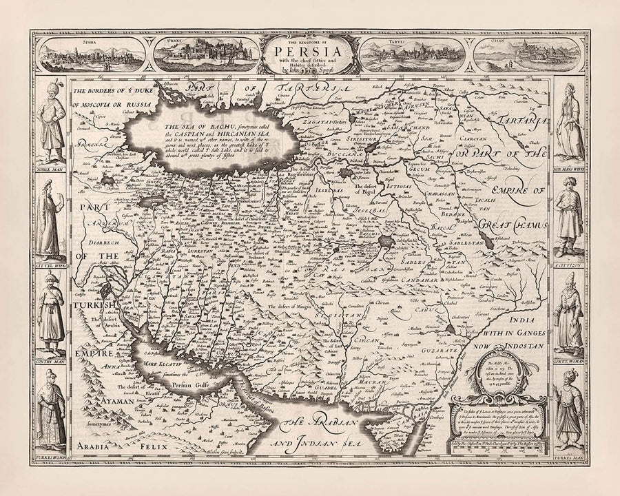 Vecchia mappa monocromatica della Persia di Speed, 1676: Iran, Isfahan, Mare Caspio, Golfo Persico, Shiraz, Tabriz 