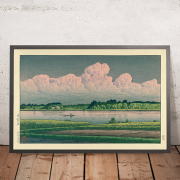 A framed image of Clouds over Boat on the River by Hasui Kawase, 1935