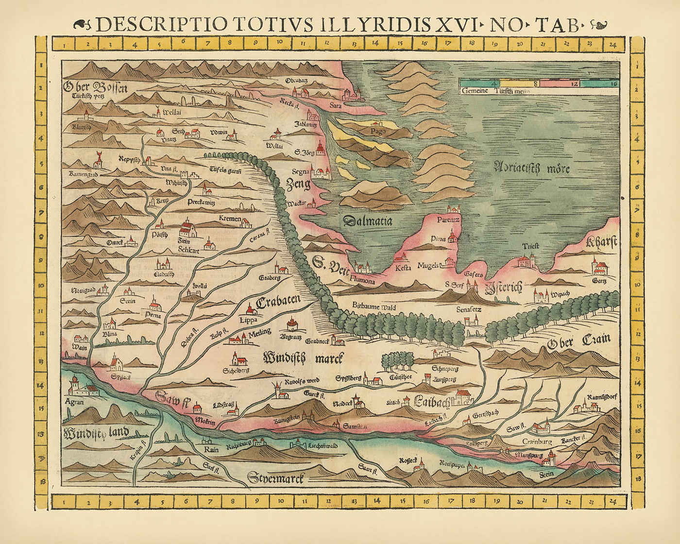 Old Rare Map of Croatia & Slovenia by Münster, 1552: Drava River, Adriatic Coast, Zadar, Ottoman Borders, Mountains