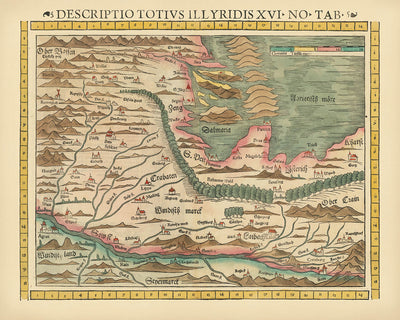 Old Rare Map of Croatia & Slovenia by Münster, 1552: Drava River, Adriatic Coast, Zadar, Ottoman Borders, Mountains