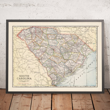 Alte Karte von South Carolina, 1920: Straßen- und Eisenbahnnetz, Charleston, Columbia, Greenville, Autostrecken, elektrische Linien 