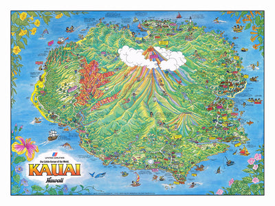 Old Pictorial Map of Kauai by Olson, 1980: Lihue, Waimea Canyon, Na Pali Coast, Hanalei Bay, Kilauea