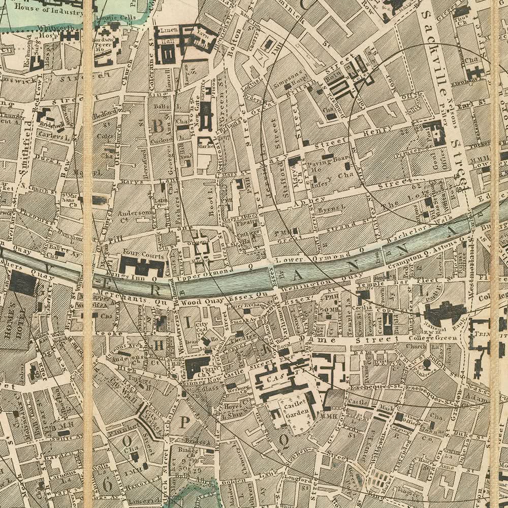 Ancienne carte de Dublin par Cooke, 1836 : cathédrale Saint-Patrick, Trinity College, O'Connell St, Merrion Sq, rivière Liffey