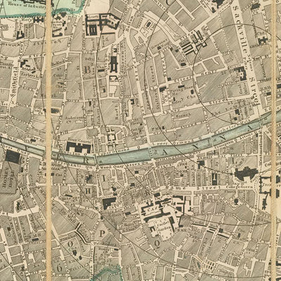 Ancienne carte de Dublin par Cooke, 1836 : cathédrale Saint-Patrick, Trinity College, O'Connell St, Merrion Sq, rivière Liffey