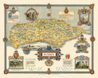 Antiguo mapa ilustrado de Sussex realizado por Clegg, 1945: Brighton, Hastings, Armada del Día D, castillos, vistas panorámicas.