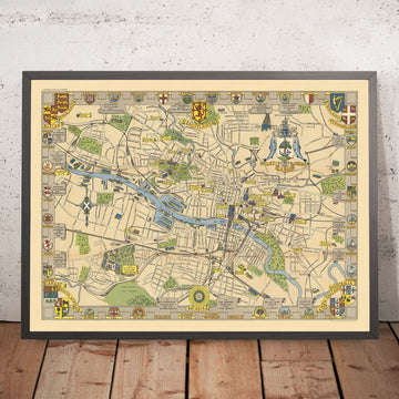 Antica mappa storica di Glasgow di Bullock, 1938: Cattedrale, Università, Kelvingrove, Green, Clyde 