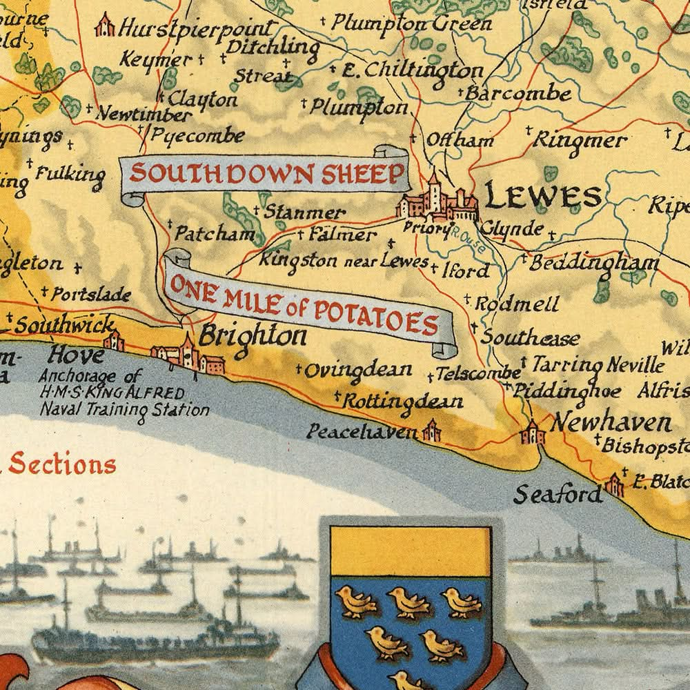 Antiguo mapa ilustrado de Sussex realizado por Clegg, 1945: Brighton, Hastings, Armada del Día D, castillos, vistas panorámicas.