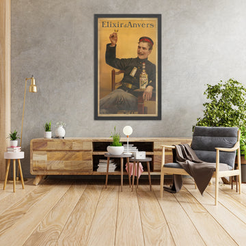 A framed image of Elixir d’Anvers Vintage Liqueur Poster by Gérard Portielje, 1907