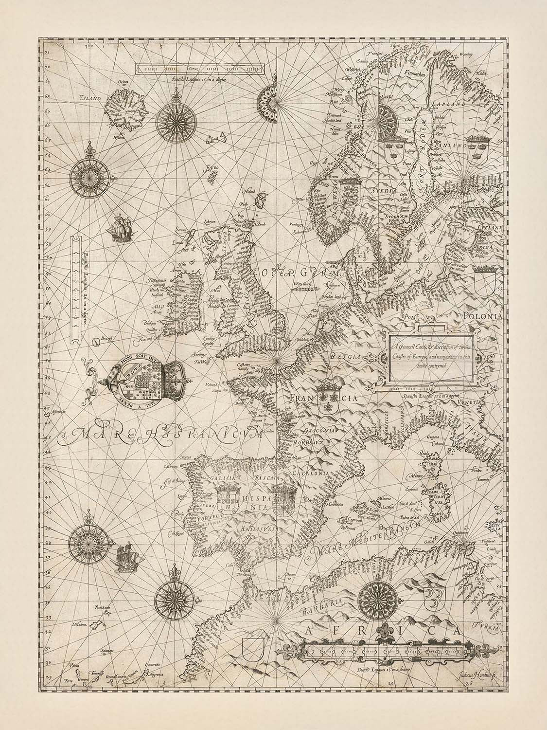 Old Nautical Chart of Europe by Waghenaer, 1588: British Isles, Iceland, Hy Brasil Mythical Island