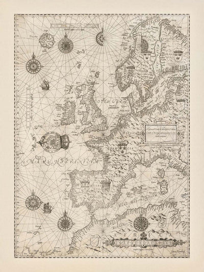 Old Nautical Chart of Europe by Waghenaer, 1588: British Isles, Iceland, Hy Brasil Mythical Island