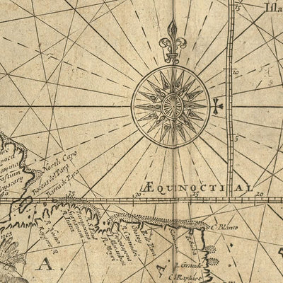 Carta náutica antigua del océano Atlántico de Mount, 1766: costas, líneas loxodrómicas y rosa de los vientos