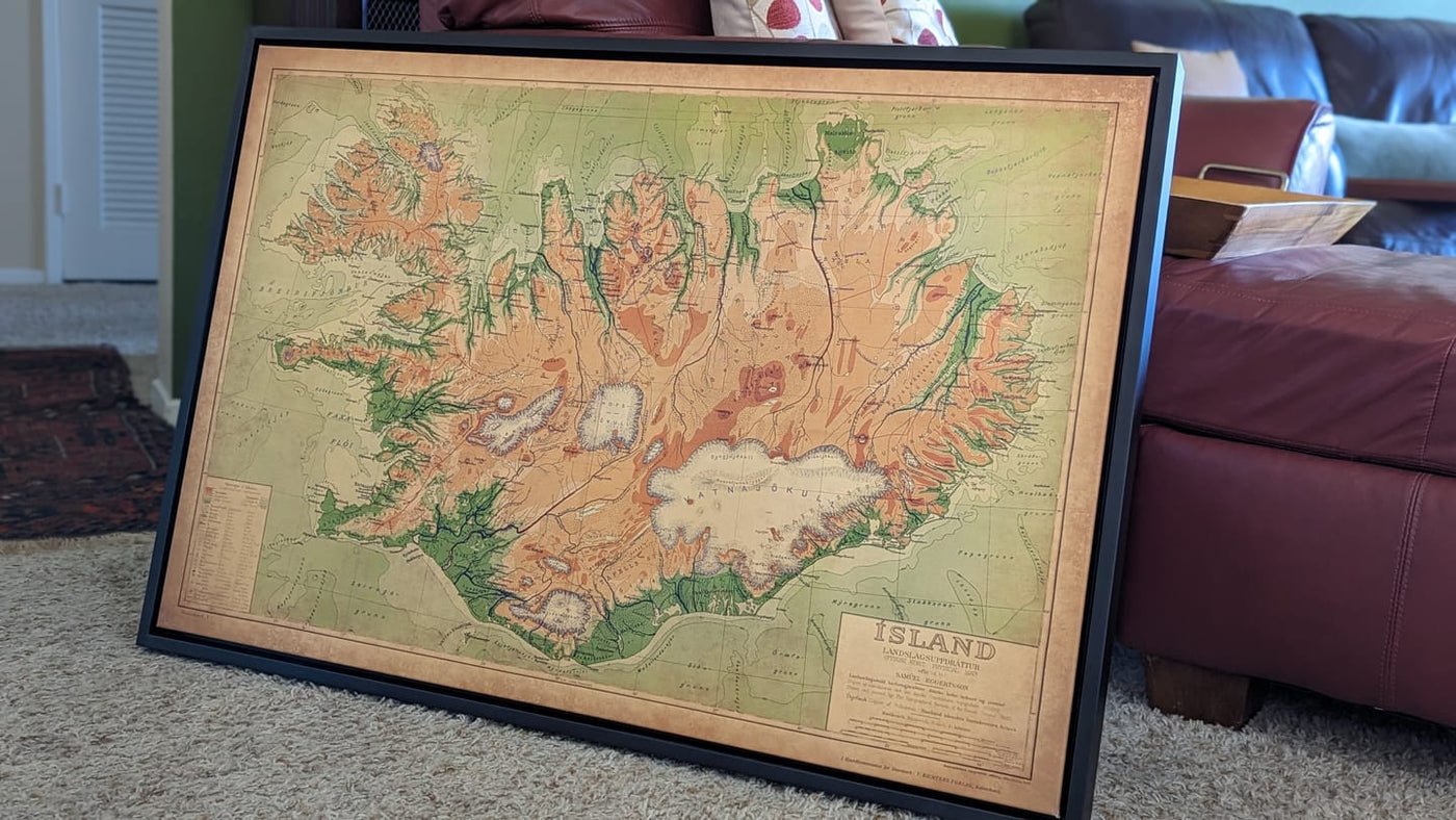 Ancienne carte d'Islande de Samuel Eggertson, 1928 - Reykjavik, Keflavik, Geysir, Gulfoss, Volcans, Glaciers