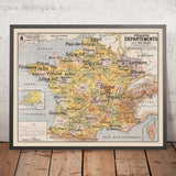 Antica mappa dei dipartimenti della Francia di Vidal Lablache, 1897: poster educativo 