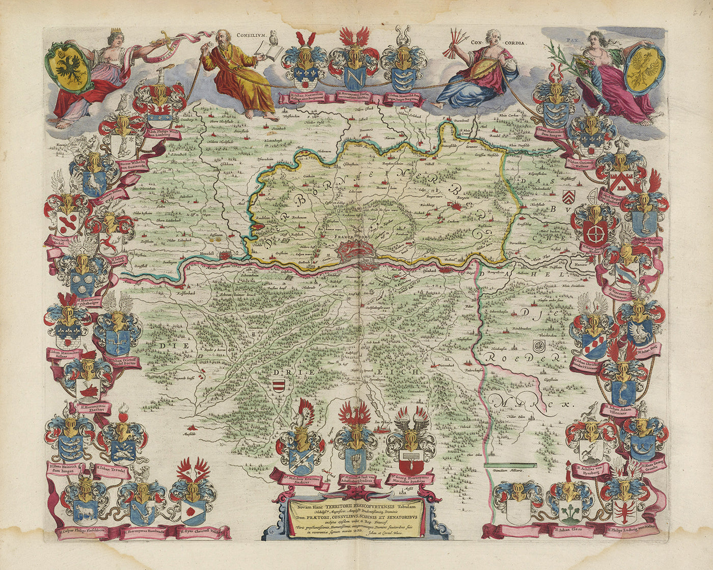 Ancienne carte de Francfort et de sa banlieue par Joan Blaeu, 1665 : Offenbach am Main, Bad Homburg, Neu-Isenburg, Dreieich, Kelsterbach, Main River