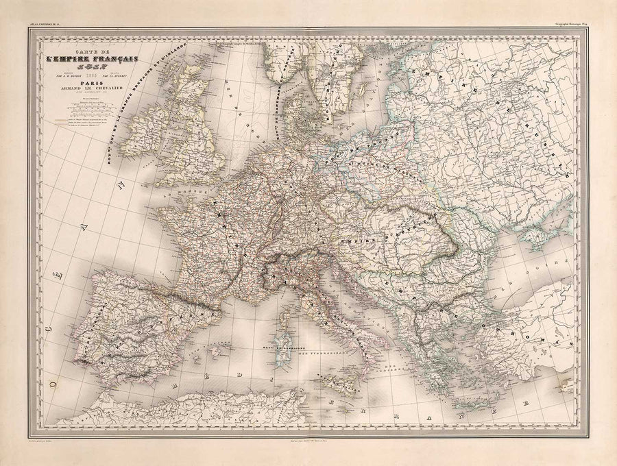 Ancienne carte du Premier Empire français napoléonien par Charles Dyonnet en 1864 - Carte historique européenne 