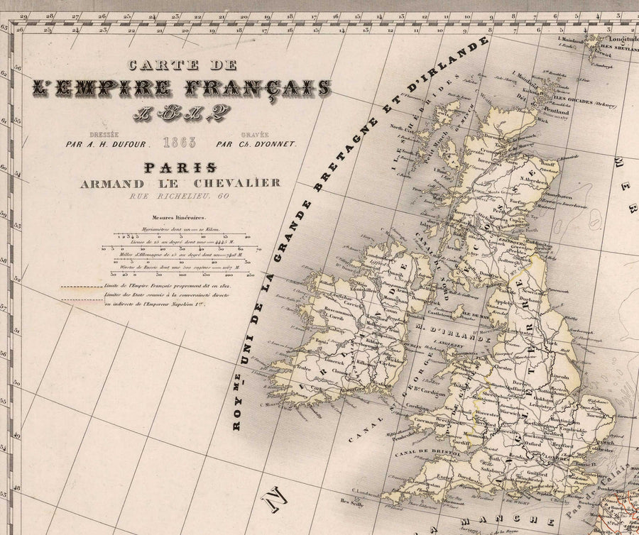 Ancienne carte du Premier Empire français napoléonien par Charles Dyonnet en 1864 - Carte historique européenne 