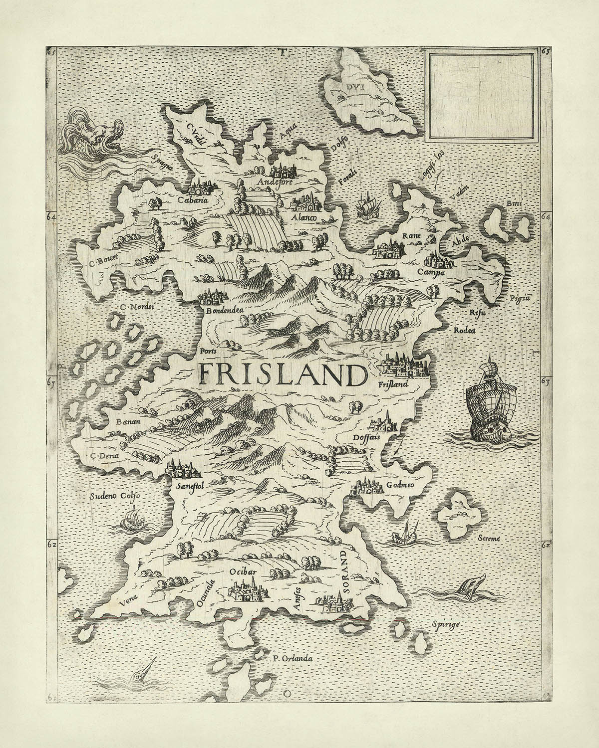 Old Map of Mythical Frisland by Bertelli, 1560: Andoforte, Alanto, Sea Creatures, Atlantic