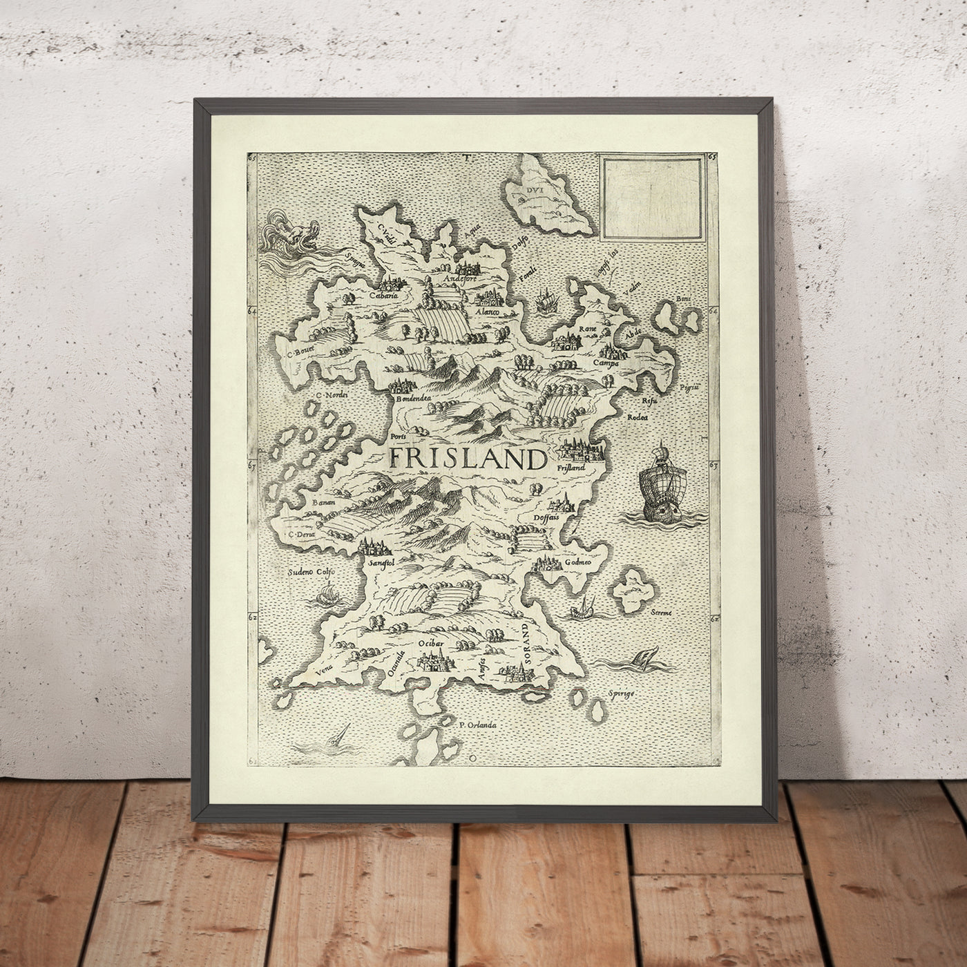 Mapa antiguo de Frisia de Bertelli, 1560: Andoforte, Alanto, criaturas marinas, montañas, tierras de cultivo