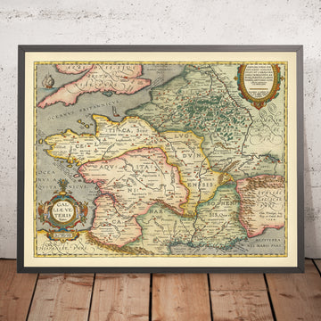 Vecchia mappa della Francia antica (Gallia) ai tempi romani di Ortelius, 1624: Parigi, Lione, Pirenei, Alpi, nomi latini 