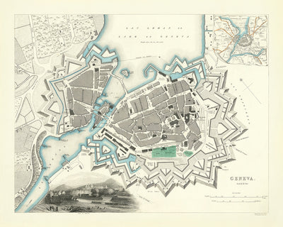 Alte Karte der Schweiz: Genf, 1870: Genfersee, Rhone, Jardin Botanique, massive Festungsanlagen der Bastion