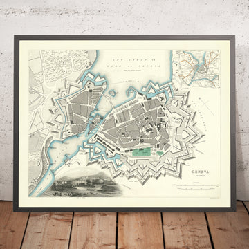 Old Map of Geneva by SDUK, 1870: Lake Geneva, Rhone River, Jardin Botanique, Massive Bastion Fort Fortifications
