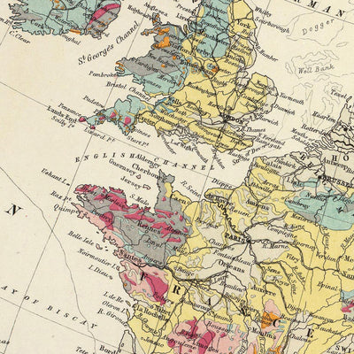 Old Geological Map of Europe by AK Johnston, 1856: Geological Chart of Mountains, Rocks, Strata