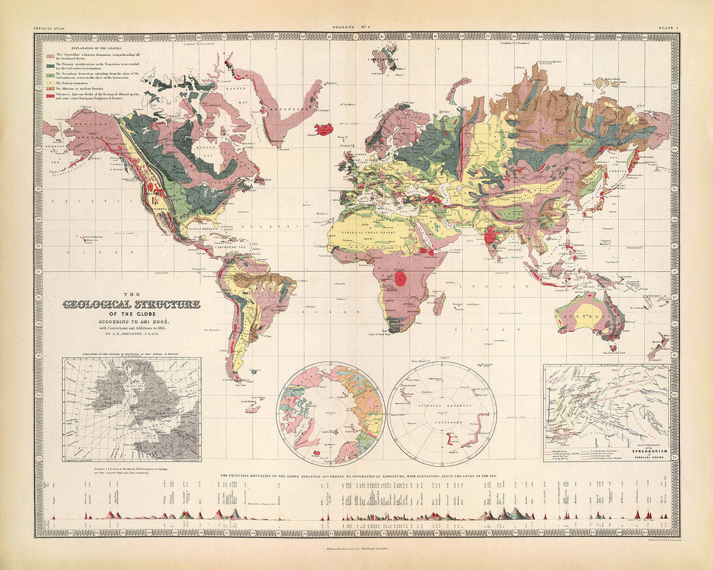 Alte geologische Weltkarte von AK Johnston 1856: Frühe Geologie, Berge, Vulkane, Vorplattentektonik