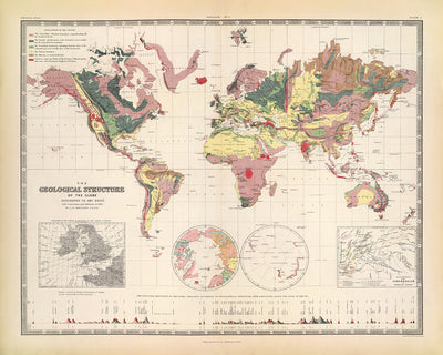 Ancienne carte du monde géologique par AK Johnston 1856 : géologie ancienne, montagnes, volcans, tectonique pré-plaque