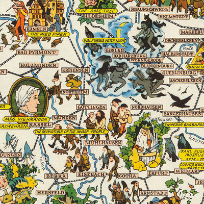 Antiguo mapa pictórico de cuentos de hadas alemanes de Faller, 1960: Berlín, Munich, Hamburgo, Cuentos de Grimm, Guerra Fría