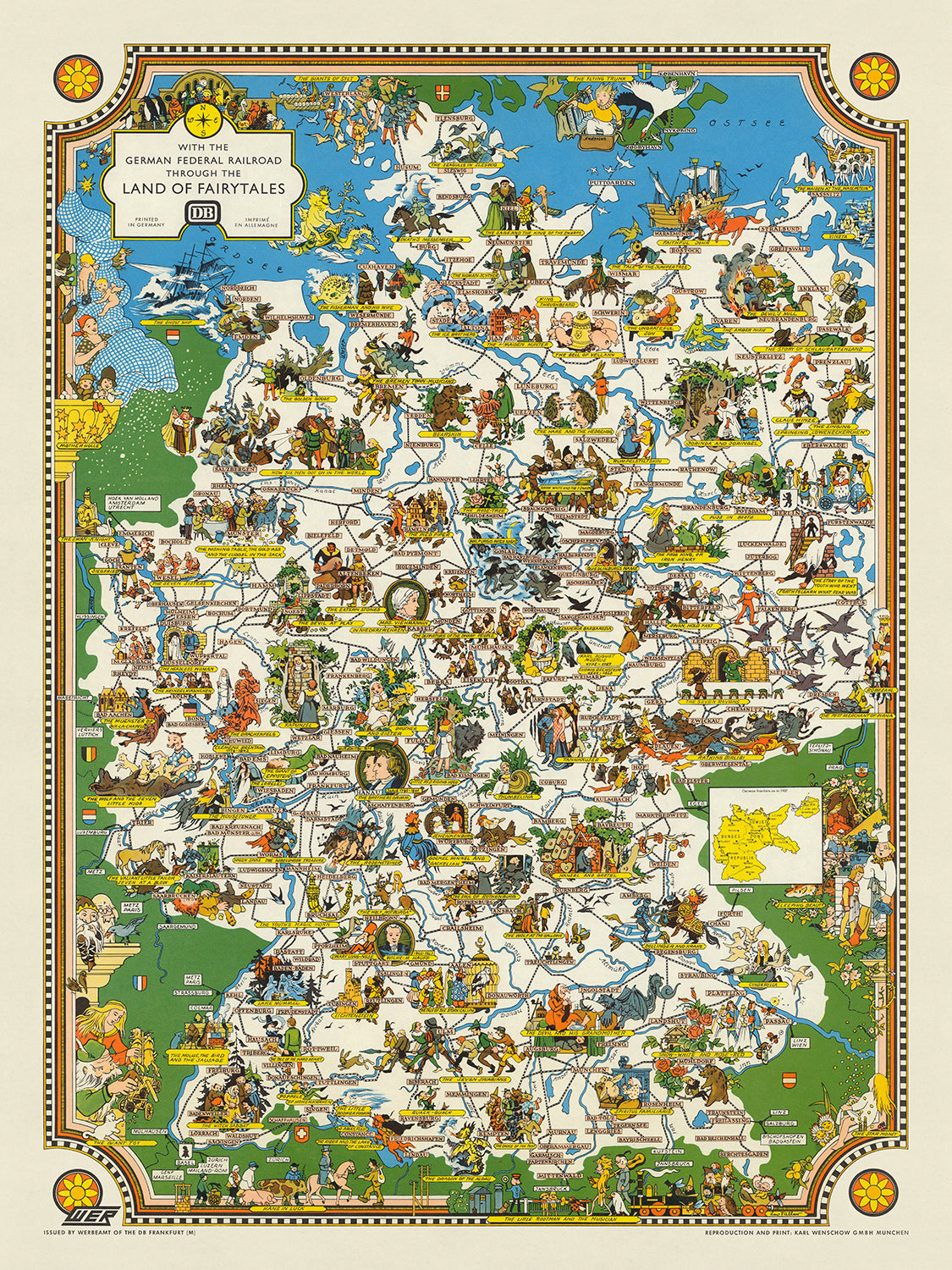 Ancienne carte picturale des contes de fées allemands de Faller, 1960 : Berlin, Munich, Hambourg, Contes de Grimm, Guerre froide