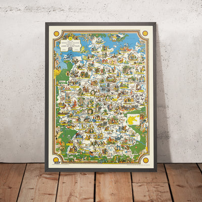 Antiguo mapa pictórico de cuentos de hadas alemanes de Faller, 1960: Berlín, Munich, Hamburgo, Cuentos de Grimm, Guerra Fría