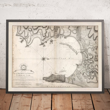 Ancienne carte de Gibraltar par William Faden, 1775 : port de Gibraltar, baie catalane, pointe Europa, rocher de Gibraltar, jardins d&