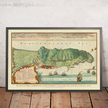 Ancienne carte de Gibraltar par Paul de Rapin, 1745 : Ville de Gibraltar, Baie de Gibraltar, Détroit de Gibraltar, Mer Méditerranée