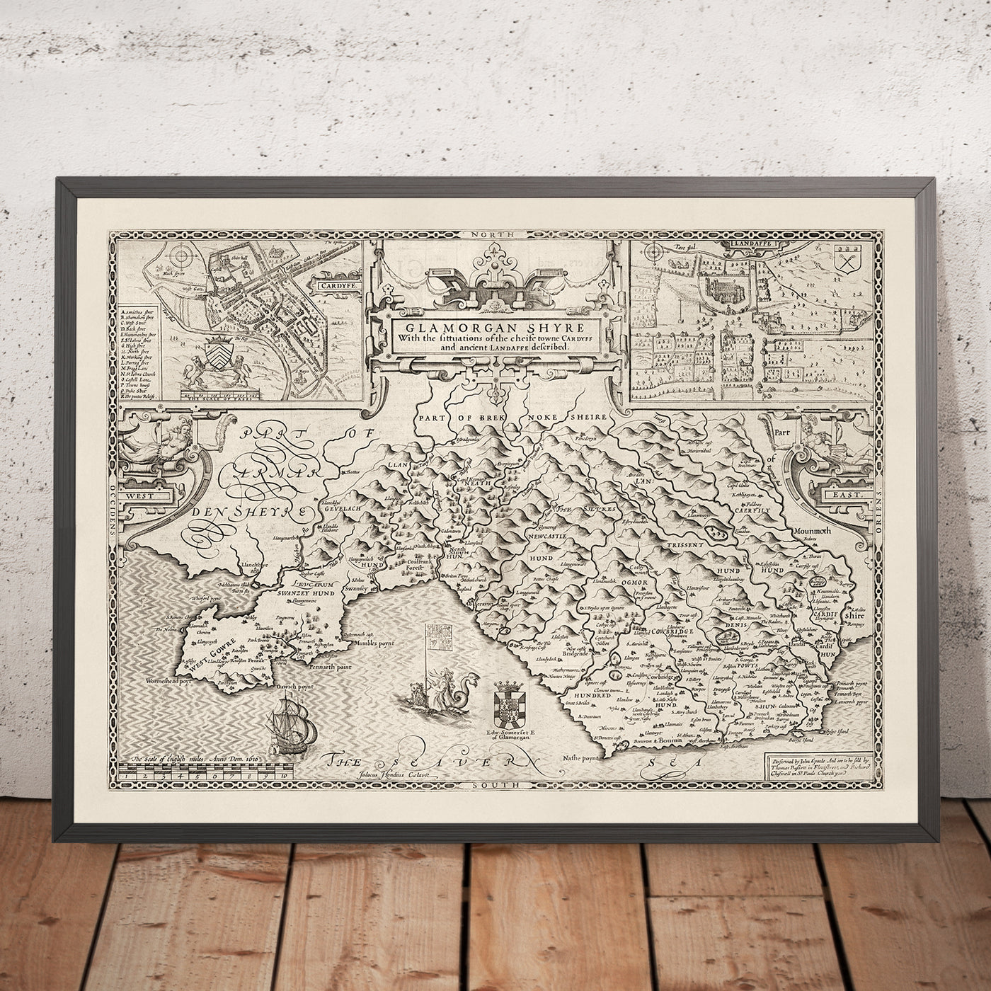 Old monochrome Carte of Glamorgan, Wales, 1611 par John Speed ​​- Cardiff, Swansea, Bridgend, Port Talbot, Barry