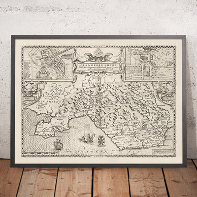 Old monochrome Carte of Glamorgan, Wales, 1611 par John Speed ​​- Cardiff, Swansea, Bridgend, Port Talbot, Barry