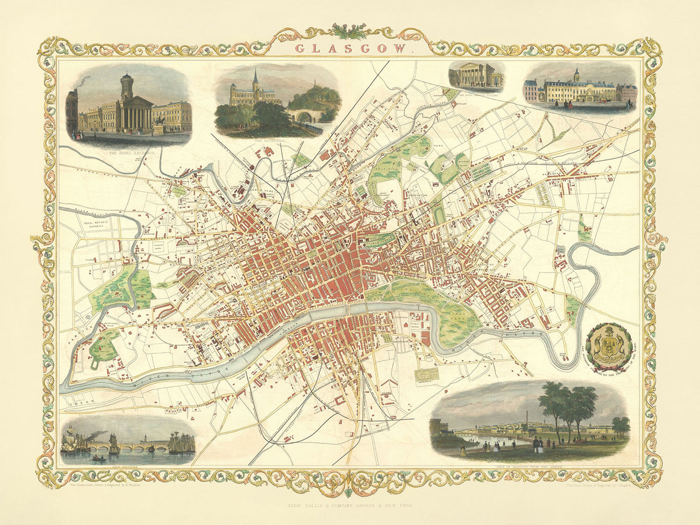 Alte Karte von Glasgow, 1851: Glasgow Royal Exchange, Glasgow University, Glasgow Necropolis, River Clyde, Glasgow Green