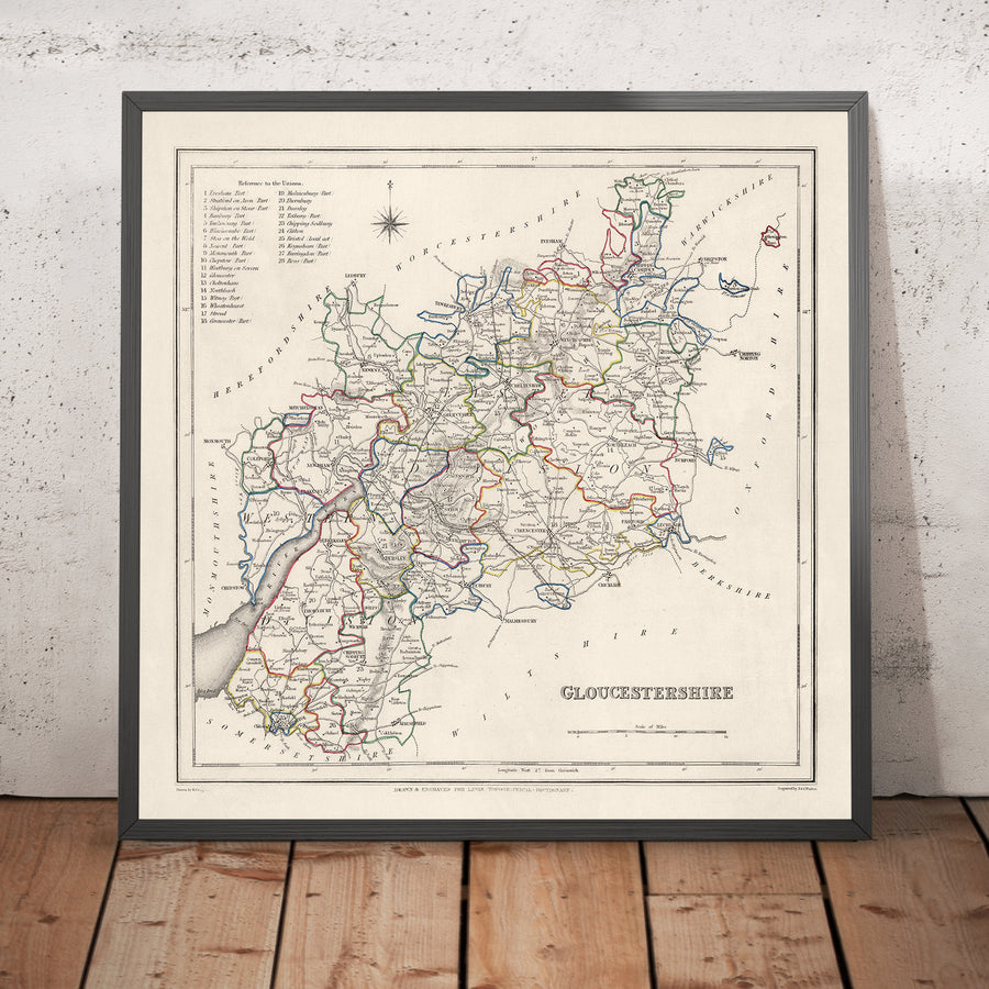 Ancienne carte du Gloucestershire par Samuel Lewis, 1844 : Bristol, Cheltenham, Cirencester, Stroud, Tewkesbury