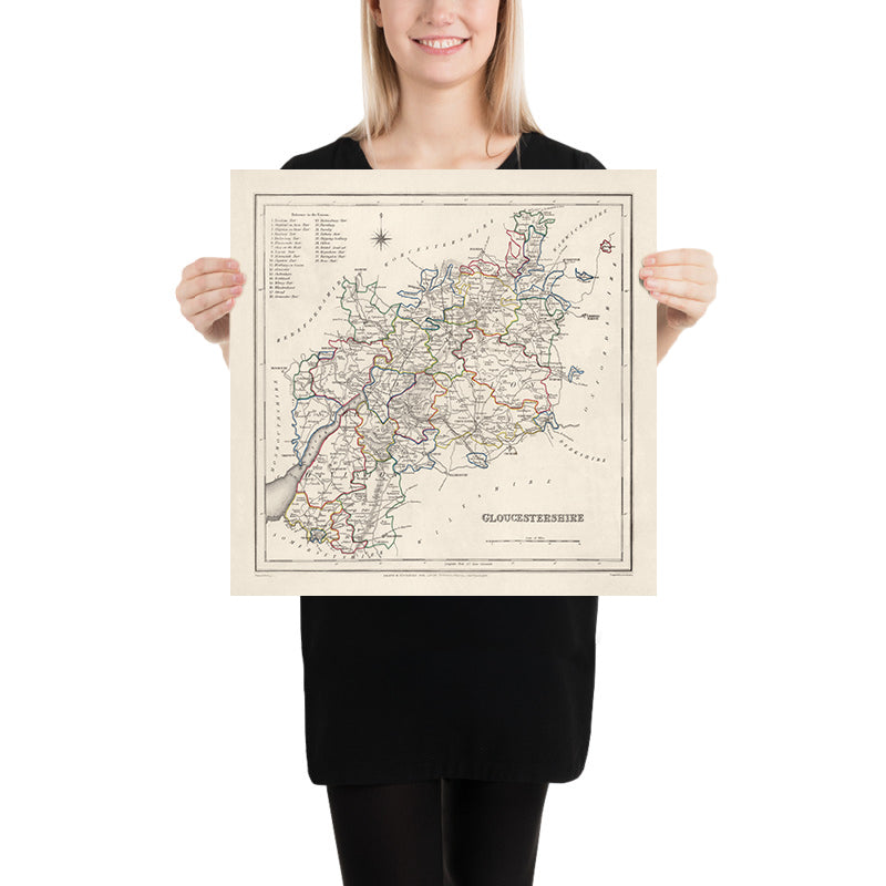 Ancienne carte du Gloucestershire par Samuel Lewis, 1844 : Bristol, Cheltenham, Cirencester, Stroud, Tewkesbury