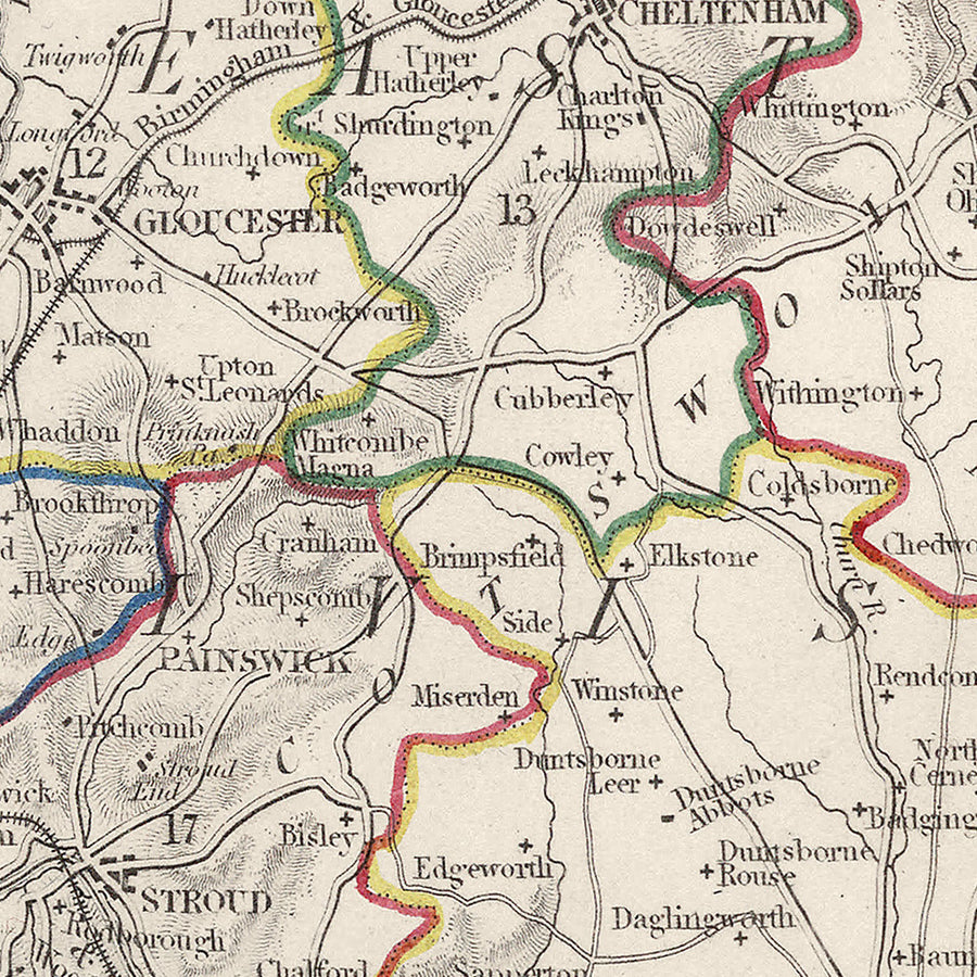 Ancienne carte du Gloucestershire par Samuel Lewis, 1844 : Bristol, Cheltenham, Cirencester, Stroud, Tewkesbury