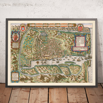 Mappa antica di Birdseye di Goa di Linschoten, 1596: Porto, Fortificazioni, Chiese, Centro Città, Laghi 