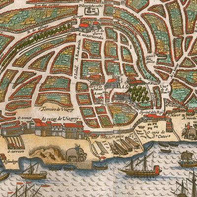 Old Birdseye Map of Goa by Linschoten, 1596: Harbor, Fortifications, Churches, City Center, Lakes