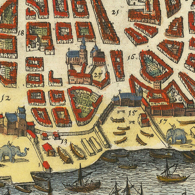 Alte Vogelaugenkarte von Goa von Merian, 1650: Insel Divar, Kirche des Heiligen Franziskus, Palast des Vizekönigs, Fluss Zuari, Ins. Chora