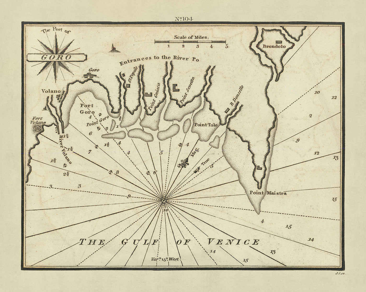 Alter Hafen von Goro, Seekarte von Heather, 1802: Fluss Po, Fort Volano, Golf von Venedig