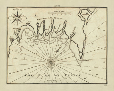 Carte nautique du Vieux-Port de Goro par Heather, 1802 : fleuve Pô, Fort Volano, golfe de Venise