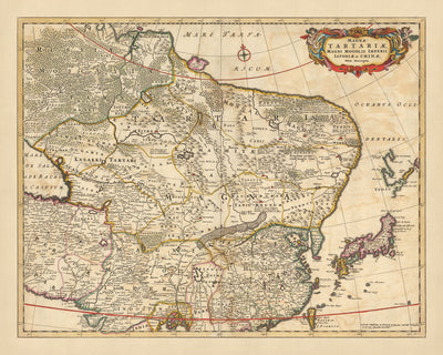 Mapa antiguo de la Gran Tartaria, el Imperio del Gran Mogol, Japón y China por Visscher, 1690: Asia Oriental, Asia Central, Beijing, Tokio, Himalaya