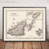 Alte Karte von Guernsey von Samuel Lewis, 1844: St. Peter Port, St. Sampson, Vale, Castel, Sark 