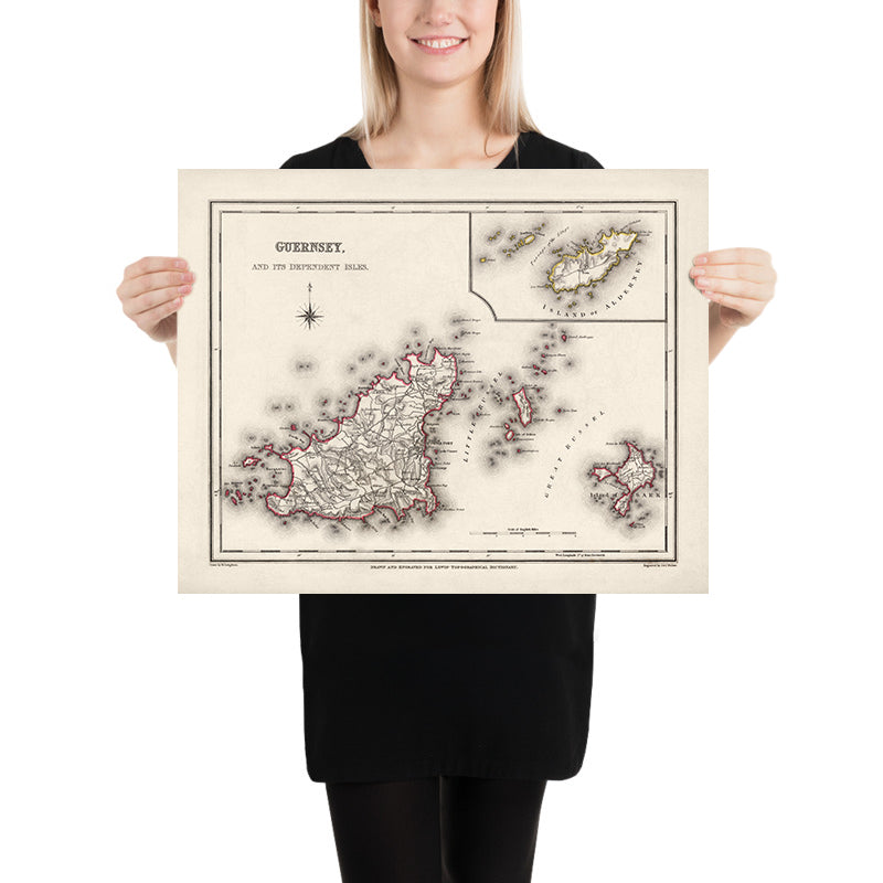 Alte Karte von Guernsey von Samuel Lewis, 1844: St. Peter Port, St. Sampson, Vale, Castel, Sark 