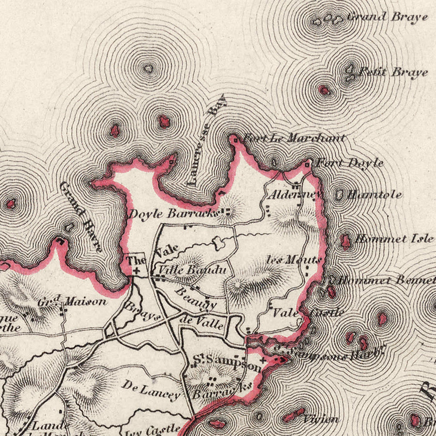 Alte Karte von Guernsey von Samuel Lewis, 1844: St. Peter Port, St. Sampson, Vale, Castel, Sark 